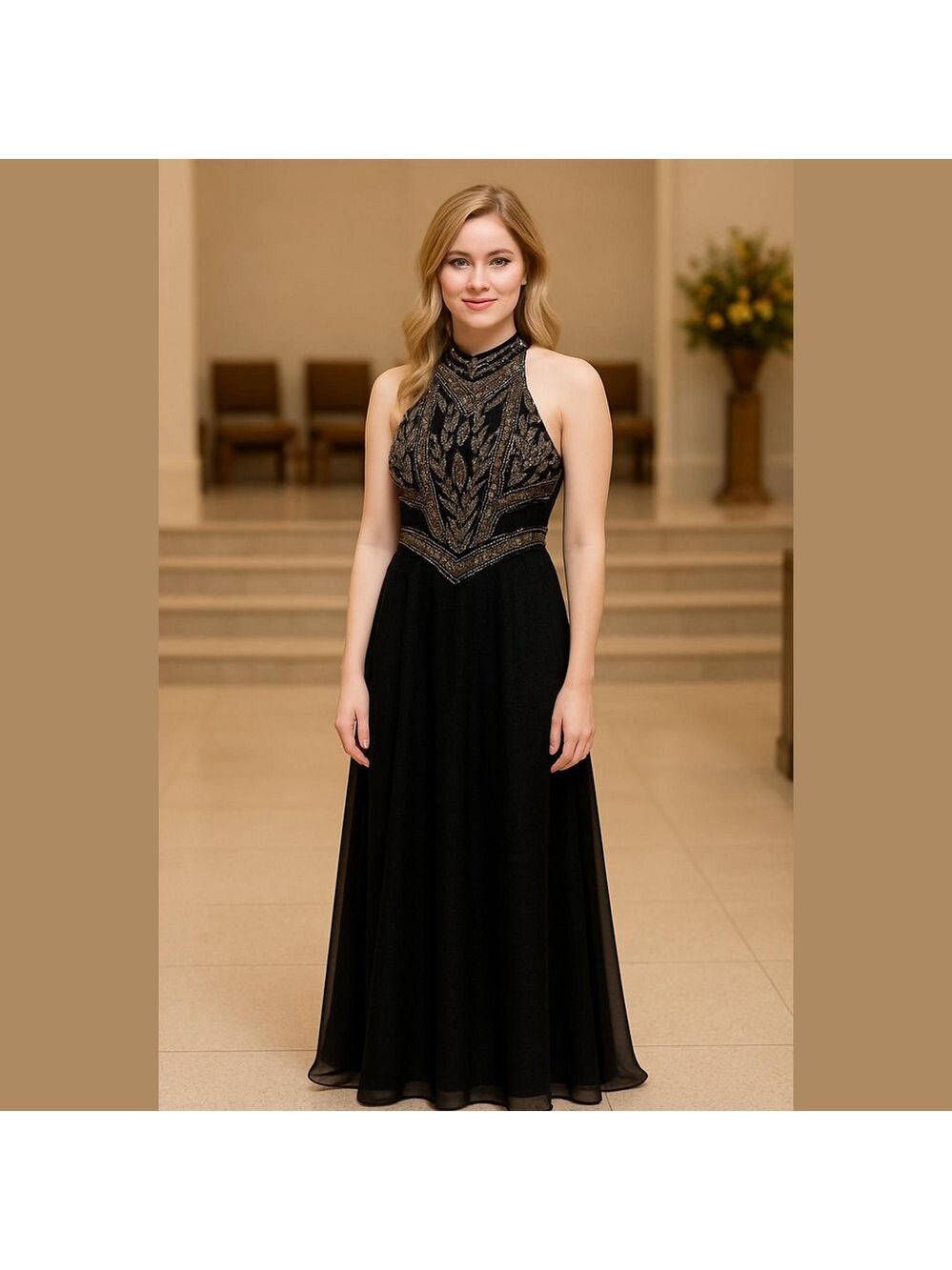 Vintage Black and Gold Beaded Long Formal Dress by Scala